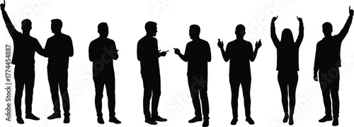 Silhouette people standing, human body posture, gesture poses collection, group of individuals, black outline figures, communication body language, abstract crowd illustration