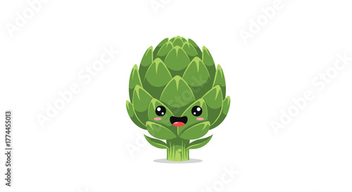 Adorable and happy cartoon artichoke character with a cheerful expression, big eyes, and rosy cheeks, isolated on a white background.