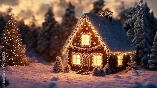 Gingerbread house surrounded by snow and pine trees, soft evening glow, isolated with cozy and festive atmosphere, holiday tradition