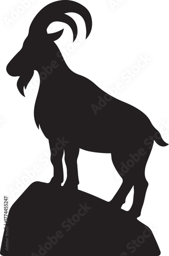 Goat silhouette standing on rock with curved horns and beard, bold farm animal design.
