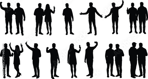 Silhouette people group interaction, standing conversation poses, greeting gesture figures, human communication body language, teamwork illustration, social connection