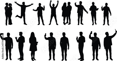 Silhouette people poses, human gestures, standing figures, selfie taking, waving, arms raised, interaction, communication, teamwork, lifestyle concept, crowd illustration, black outline, vector design