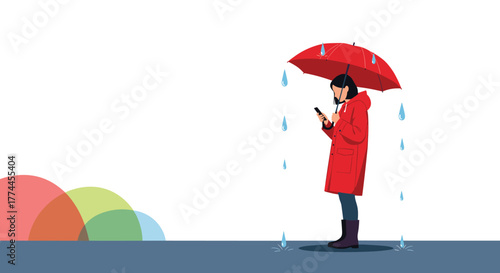 A person in a red raincoat holds an umbrella while using a smartphone in the rain, with colorful abstract shapes in the foreground.