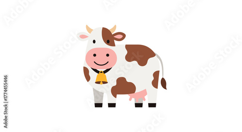 A charming and friendly cartoon cow with white and brown spots, a happy smile, and a golden bell around its neck, standing gracefully.