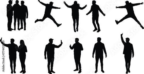 Silhouette people poses, human body gestures, standing figures, jumping action, expressive movement, black outline characters, group illustration, body language,