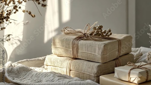 gift boxes wrapped in natural materials, minimalist holiday decor, cozy and warm, sustainable wrapping, festive atmosphere, thoughtful and simple, soft light