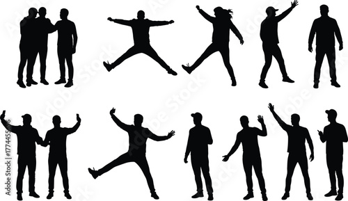 Silhouette human figures collection, dynamic poses, standing walking jumping gestures, black outline people shapes, motion reference template, body posture design