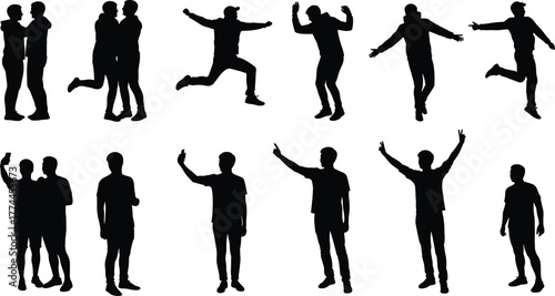 Silhouette, people, group, poses, dancing, jumping, standing, waving, interaction, teamwork, friendship, celebration, fitness, exercise, lifestyle, motion, activity, leisure, crowd, unity,