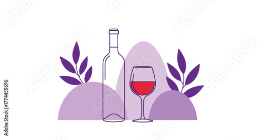 Minimalist illustration of an elegant wine bottle and a glass of red wine, with decorative purple leaves and shapes.