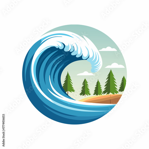Giant Ocean Wave Approaching a Forested Coastline Illustration.