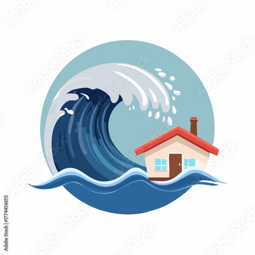 Giant Tsunami Wave Crashing Over Small House Symbolizing Natural Disaster.