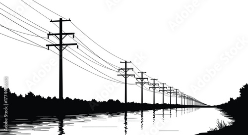 Electrical transmission poles along waterway, power lines perspective, industrial energy infrastructure, reflection symmetry, nature landscape, utility grid, renewable electricity