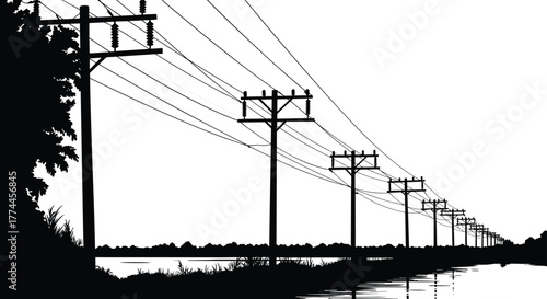 Silhouette utility poles with power lines, rural infrastructure landscape, canal reflection symmetry, industrial electricity network, perspective depth composition, energy transmission