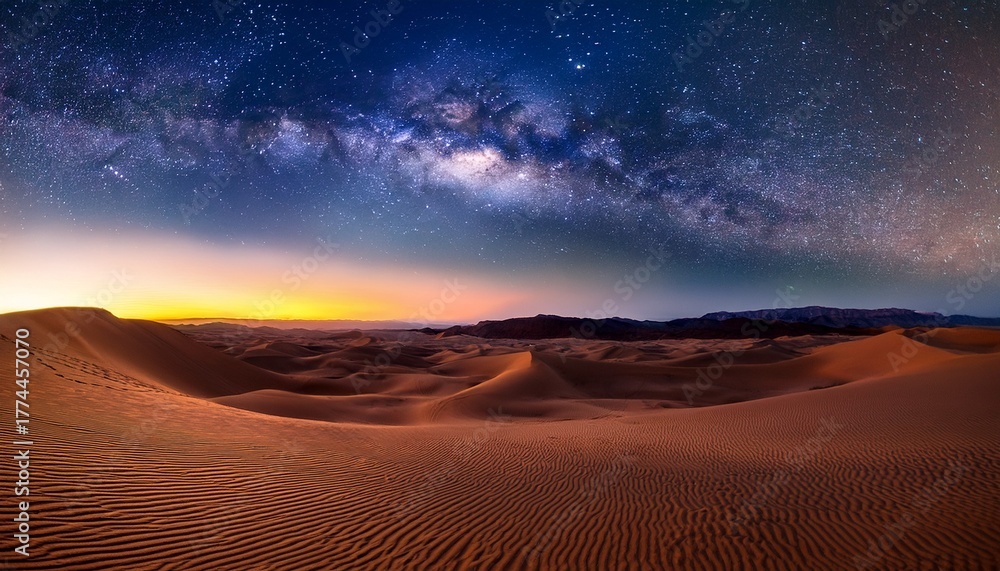 Fototapeta premium Vivid Milky Way Descends Over Desert Sands At Golden Hour Twilight