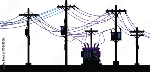 Utility poles with electrical transformers, power distribution lines, overhead cables, energy infrastructure illustration, electricity grid system, industrial network, urban power supply,