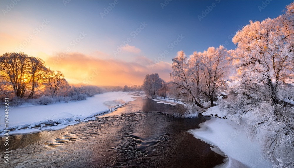 Naklejka premium Frost Covered Trees Line A Gently Flowing River As The Sun Sets Casting Warm Colors Over The Snowy Terrain A Serene Winter Scene Unfolds In This Peaceful Nature Setting