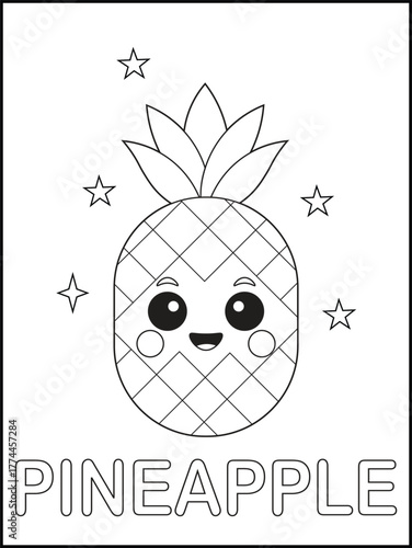 Adorable Cartoon Pineapple with Stars. Simple Fruit Coloring Page for Children. Fun Fruit Illustration for Kids