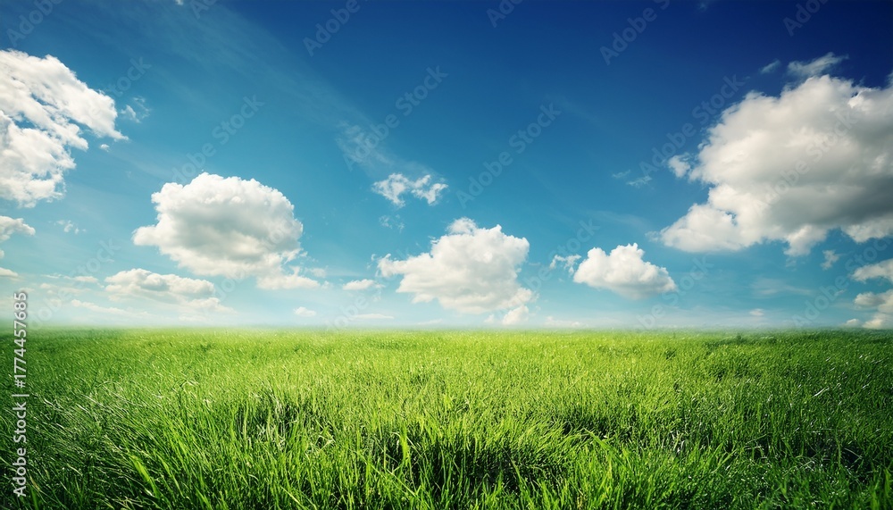 Fototapeta premium Blue Sky With White Clouds And Green Grass Nature Background Vintage Style