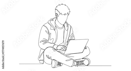 One continuous line illustration of a man using a laptop, a study in a single line, 1