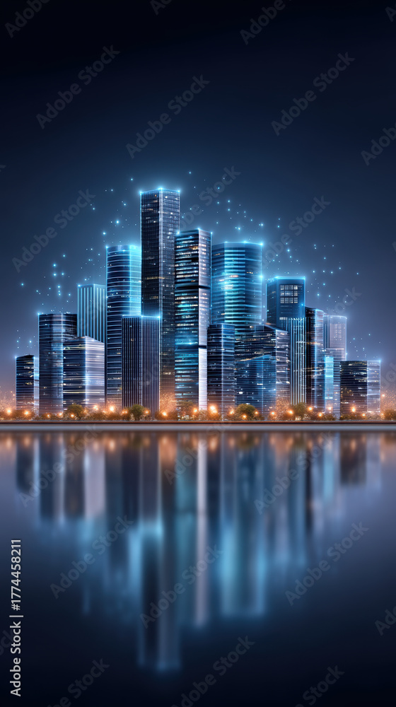 Fototapeta premium Data modernization skyline at night with illuminated futuristic city lights and water reflection