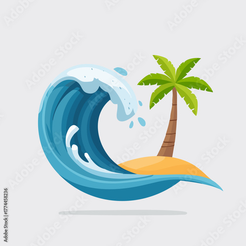 Large ocean wave curling around a small tropical island with a palm tree.