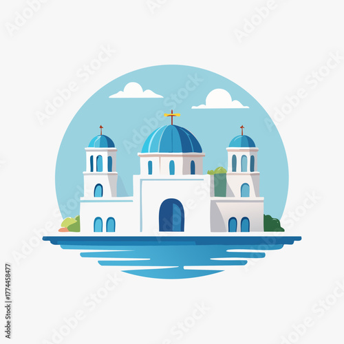 Santorini Church Illustration with Blue Domes and White Walls.
