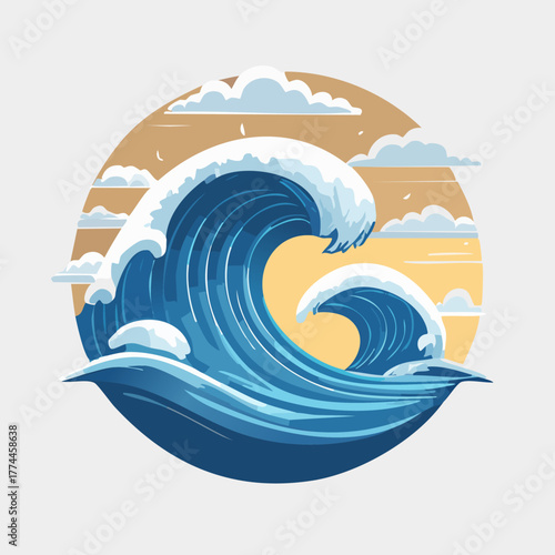 Stylized illustration of powerful ocean waves crashing under a cloudy sky.