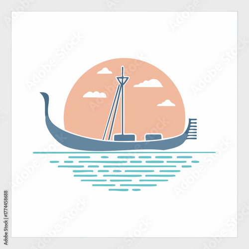 Stylized Viking Longship Sailing at Sunset Illustration.