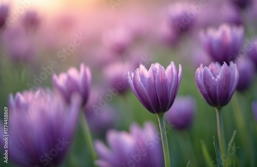 Purple tulips blooming in beautiful spring garden at scenic sunset. Many violet flowers blossom on green lawn in warm evening sunlight. Natural floral background with selective focus, dreamy bokeh,