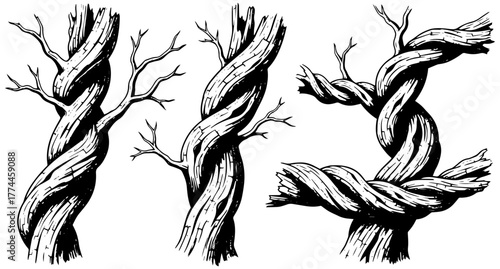 Stylized twisted trees create a unique and surreal woodsy landscape element for your design