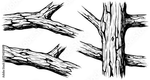 Detailed tree branch sketches with intricate bark texture, perfect for nature illustrations