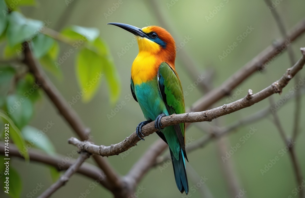 Fototapeta premium Photo showcases stunning chestnut-headed bee-eater perched on branch. Vibrant bird displays colorful plumage with eye-catching details. Natural light bathes bird highlighting its features in wild.