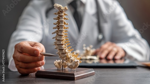 Physician with spinal anatomy model Spine disorders back pain lumbar sacral cervical thoracic coccyx orthopedics chiropractic issues office syndrome and health