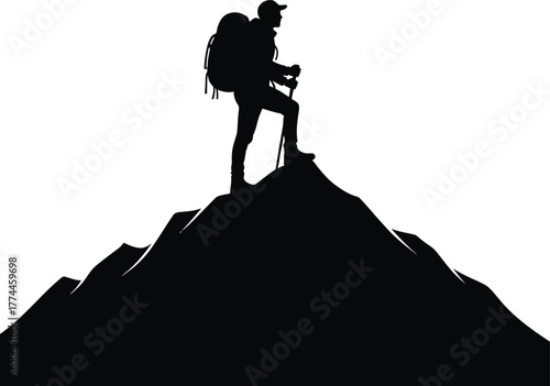 Silhouette of a hiker with backpack on top of a mountain vector illustration