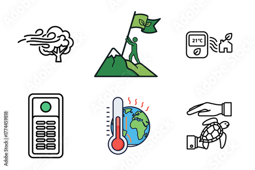 Ecology and Environmental Protection Icons: Climate Change, Conservation, Green Energy, Sustainable Living