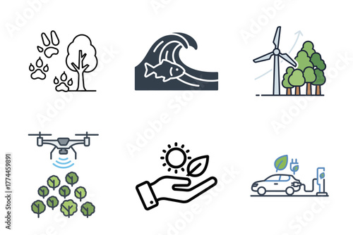 Sustainable Environment and Green Energy Icons Set - Nature Conservation & Eco-Friendly Technology