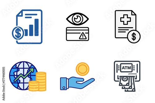 Finance and Economy Icon Set: Business Analytics, Banking, Healthcare Costs, Global Investment, Payment, ATM, Credit Card Security, Money Management Vector Collection