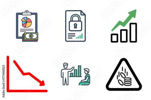 Business and Finance Icons Set: Data Analysis, Growth, Decline, Security, and Risk Management