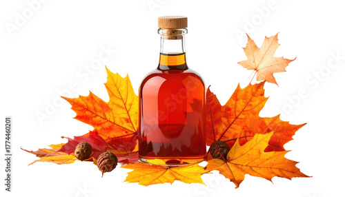 Wallpaper Mural Glass bottle filled with syrup surrounded by vibrant autumnal maple leaves against a solid dark background Torontodigital.ca