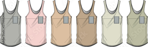 Collection of men's short sleeve henley hoodie t-shirts with a kangaroo pocket. Fashion flat vector illustration set in multiple colorways for apparel design templates