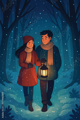 Couple with lantern walking forest path in snow night vector
