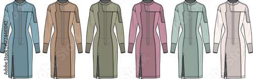 Fashion design concept illustration featuring a collection of utilitarian-style midi dresses with high collars and side slits, presented in a diverse color palette