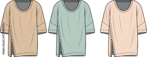 Set of women's cold shoulder tops with flutter sleeves and tie straps. Fashion technical flat sketch template collection in multiple colors