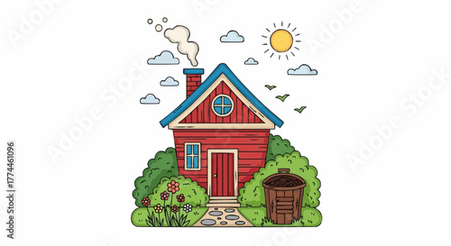 Illustration of a charming red house with a blue roof, surrounded by greenery, under a sunny sky and fluffy clouds.