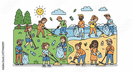 Volunteers uniting to clean a local community park and beach, collecting waste, enhancing natural environment, and promoting sustainability.