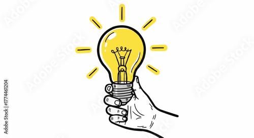 A human hand holding a vibrant yellow lightbulb, symbolizing a creative idea or innovative inspiration in illustration.