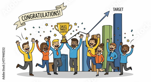 A team is celebrating a victory with a trophy, confetti, and a rising sales target depicted with a line graph. 