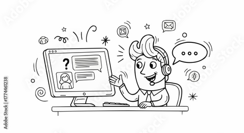 A cartoon illustration of a customer service agent helping customers online with computer in black and white style.