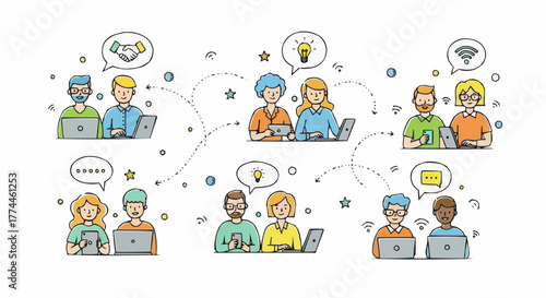 Teamwork and connectivity are represented in the colorful line illustration of the six pairs. They are connected to each other through their devices while sharing ideas.