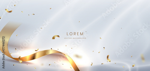 Abstract luxury white background with gold ribbon confetti effect sparkle. Celebration grand opening party happy concept.